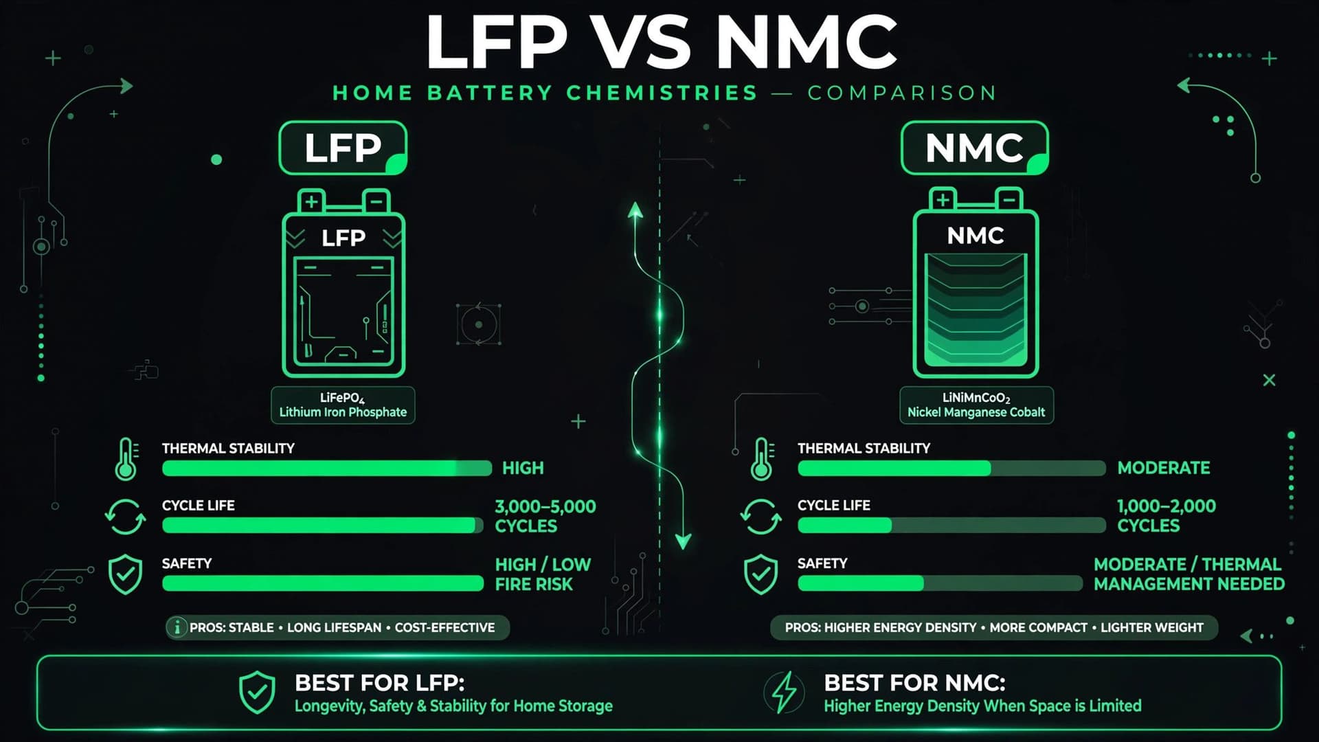 Flat vector infographic comparing LFP and NMC home battery chemistries across thermal stability, cycle life, and safety metrics.