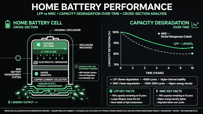 Vector illustration of a home battery cell cross-section alongside a capacity-degradation-over-time chart comparing LFP and NMC cells.