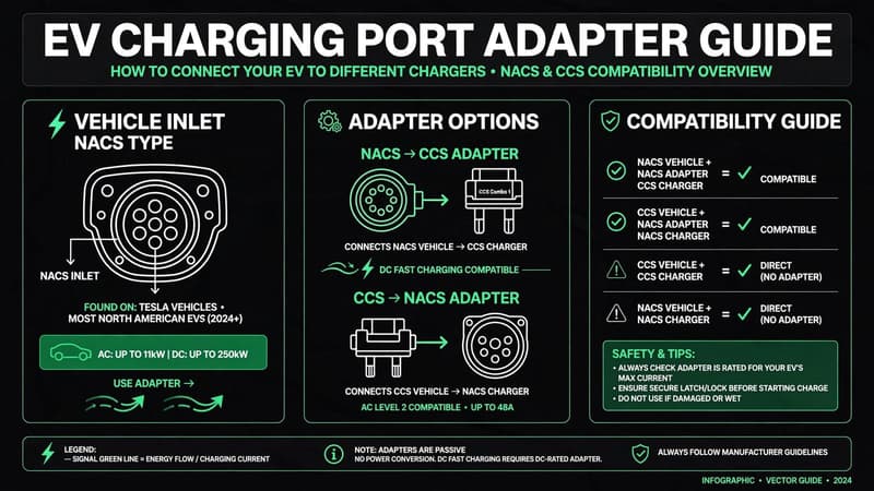 Vector adapter guide showing a NACS vehicle inlet, NACS-to-CCS and CCS-to-NACS adapter options, and a compatibility chart.