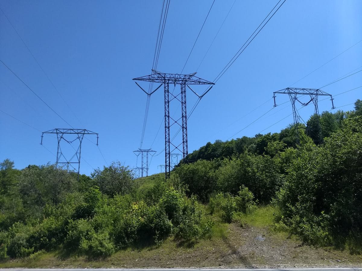 A line of high-voltage transmission towers carrying power lines across a forested valley.