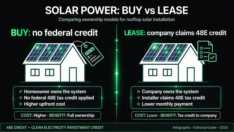 Comparison infographic of buying versus leasing rooftop solar after the federal tax credit ended: buying means no federal credit, leasing means the company claims the 48E credit