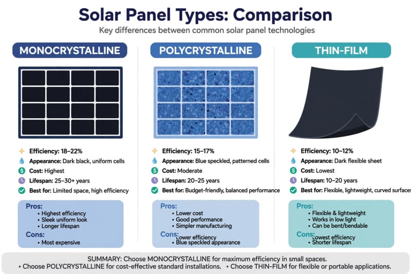 Comparison of monocrystalline, polycrystalline, and thin-film solar panels