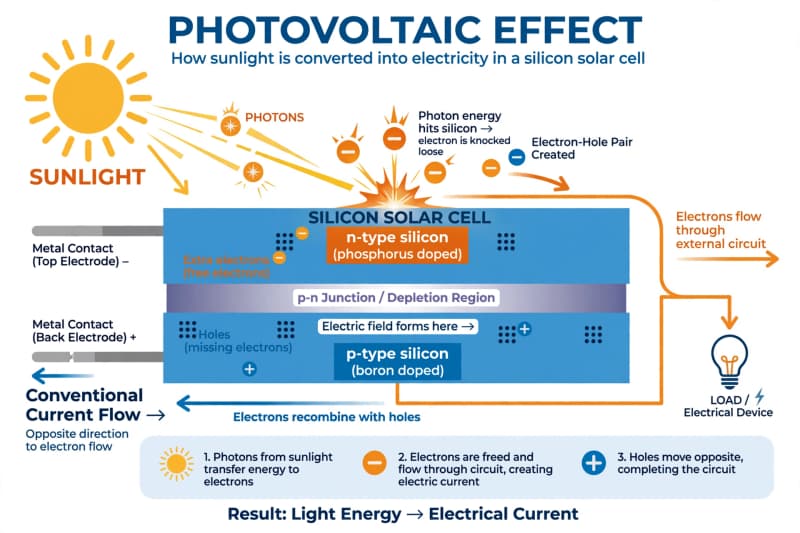 Diagram illustrating the photovoltaic effect in a silicon solar cell