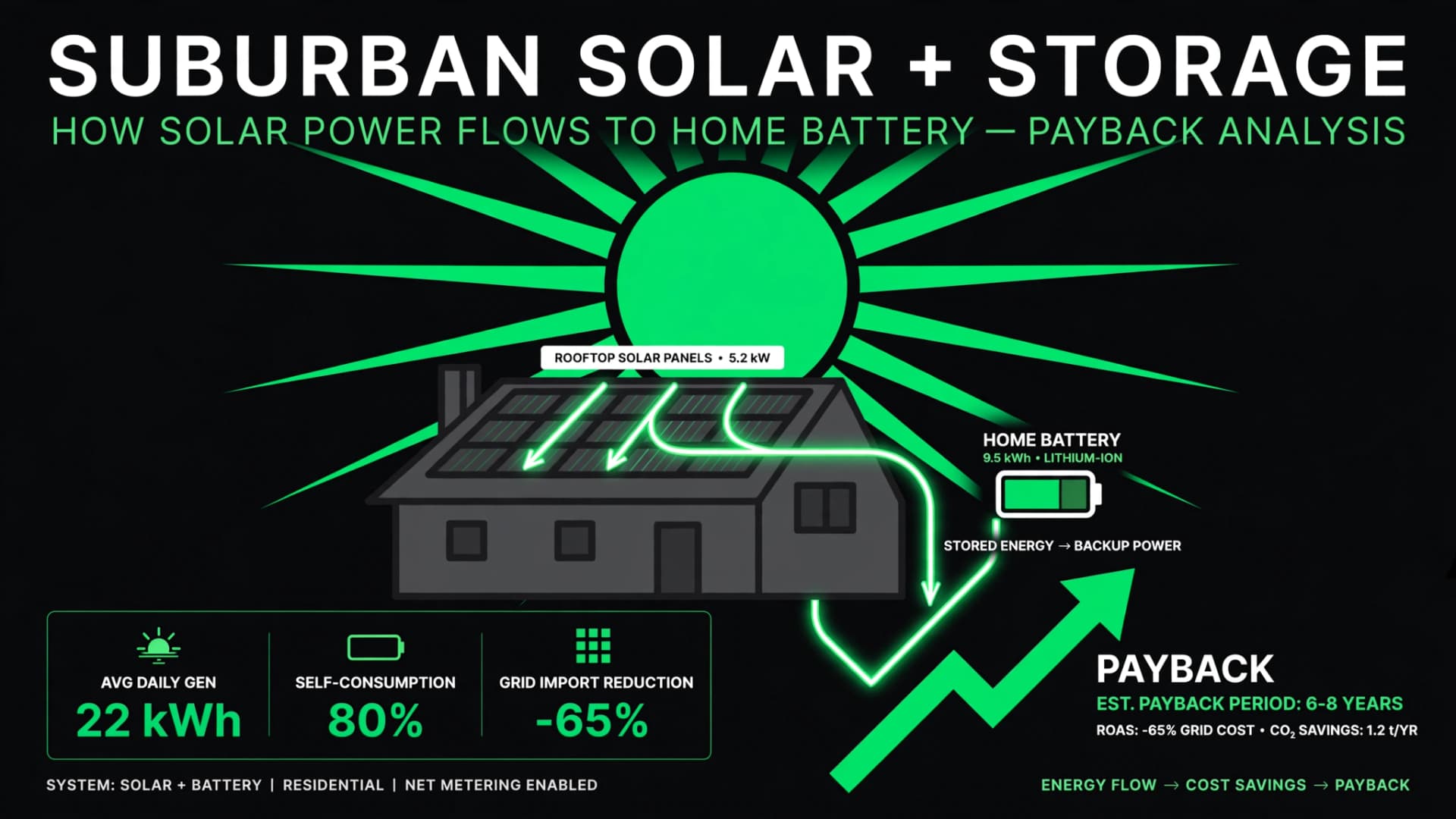Infographic of a house with rooftop solar panels and a home battery under a green sun, with a rising payback arrow, in dark brand colors