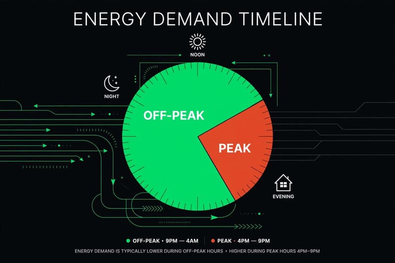 Clock diagram showing off-peak hours in green and the 4 to 9 p.m. peak window in amber