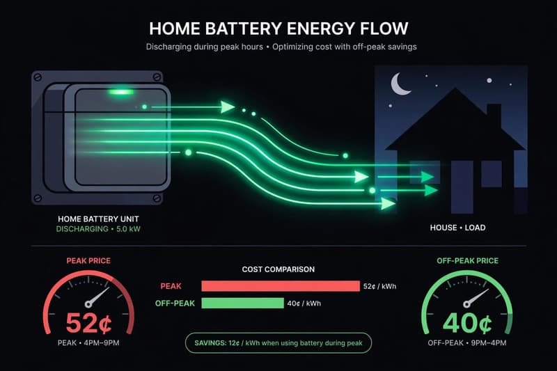 Home battery discharging green energy into a house during the evening peak while a price gauge reads 52 cents