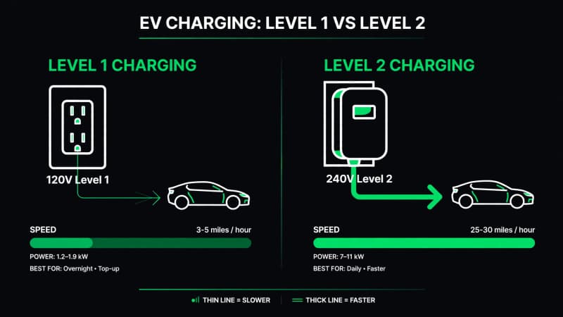 Comparison diagram of Level 1 versus Level 2 EV charging speeds and power levels
