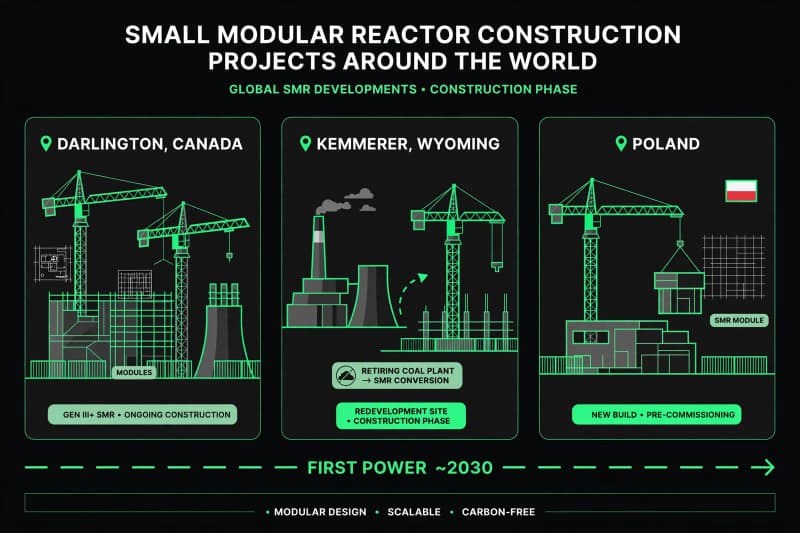 Illustration of small modular reactor construction projects in Canada, Wyoming and Poland