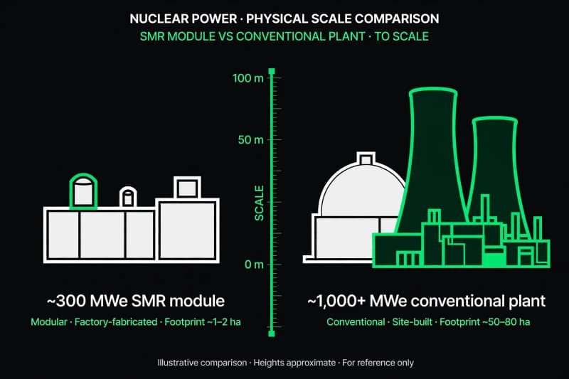 Diagram comparing the scale of a 300 MWe small modular reactor with a 1,000+ MWe conventional nuclear plant