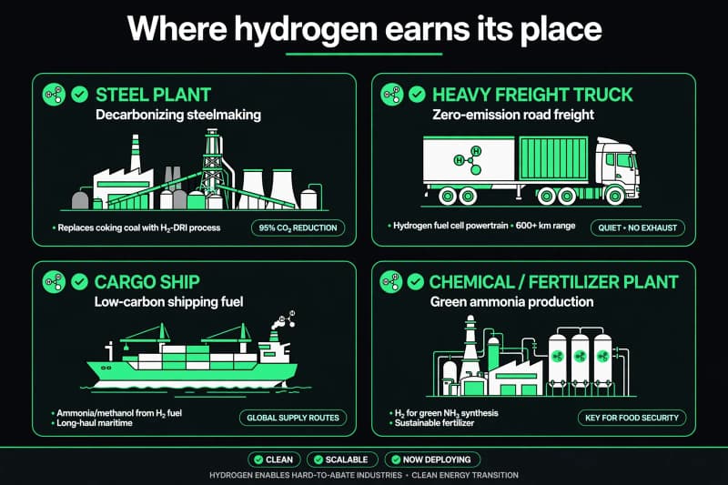 Illustration of hydrogen's best uses: steelmaking, heavy transport, shipping and chemicals