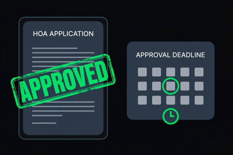 HOA application letter stamped approved beside a calendar marking an approval deadline