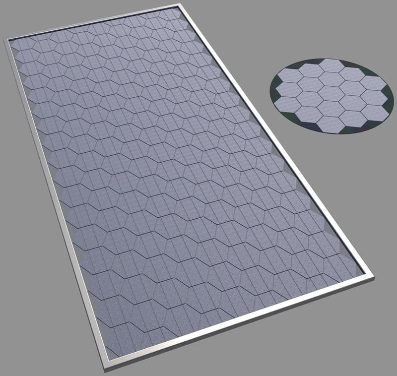 Close-up of hexagonal solar cells on a production line