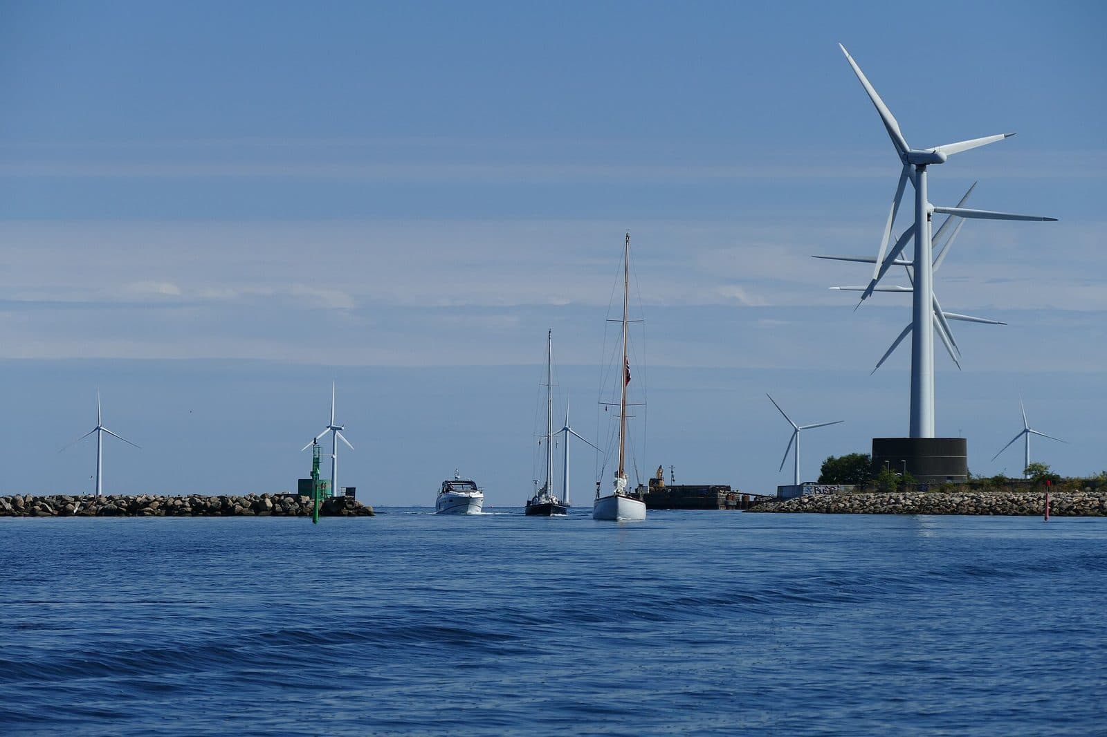 Offshore wind turbines at the Middelgrunden wind farm at sea