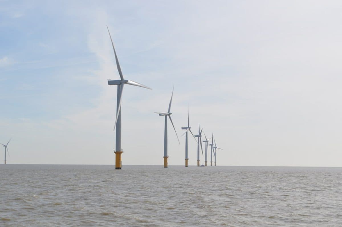 Offshore wind turbines of the Gunfleet Sands wind farm in the North Sea off the Essex coast