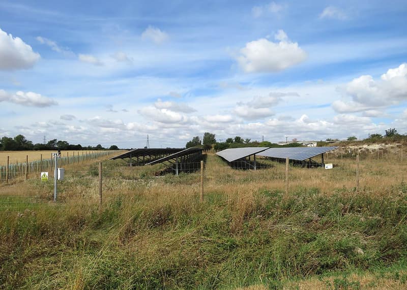 Rows of photovoltaic panels at the Burwell solar farm in Cambridgeshire, England