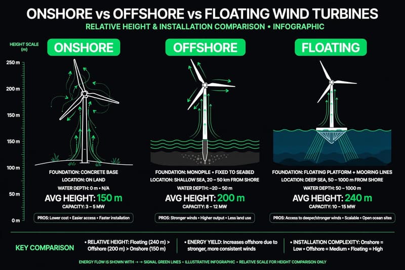 Illustrated size comparison of onshore, offshore and floating wind turbines side by side with height scale