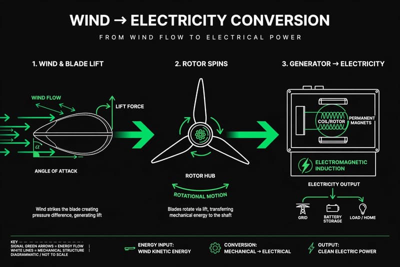 Illustrated diagram of wind-to-electricity conversion: wind arrows striking a blade cross-section to create lift, spinning the rotor and driving the generator