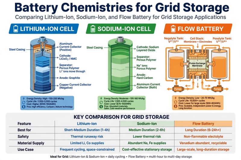 Comparison of lithium-ion, sodium-ion, and flow battery chemistries