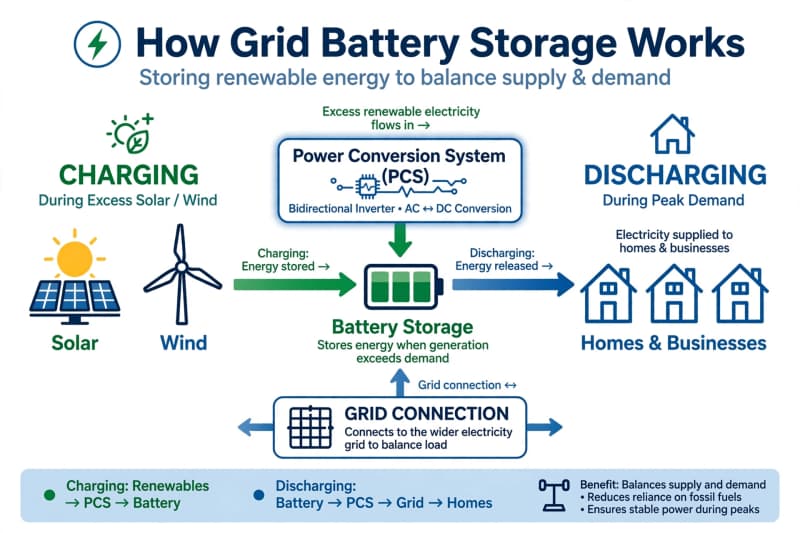 Diagram showing how grid battery storage charges and discharges