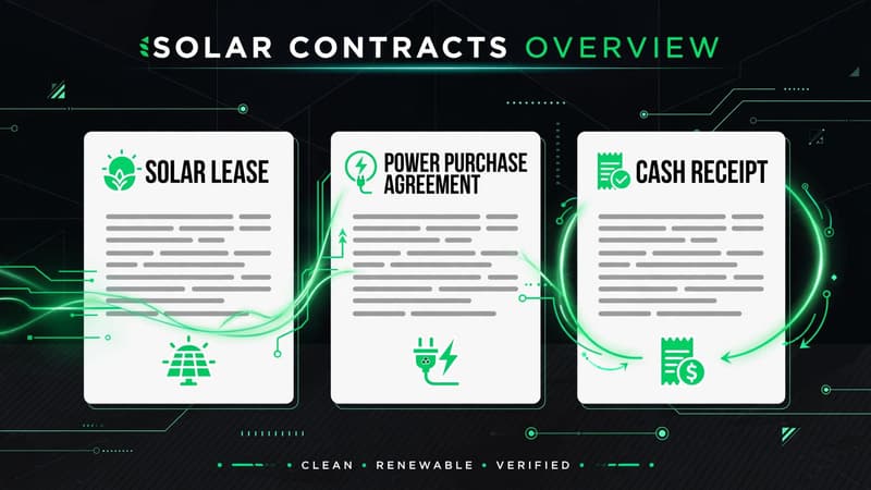 AI illustration of a solar lease contract, a PPA agreement, and a paid-in-full cash receipt laid side by side on a kitchen table