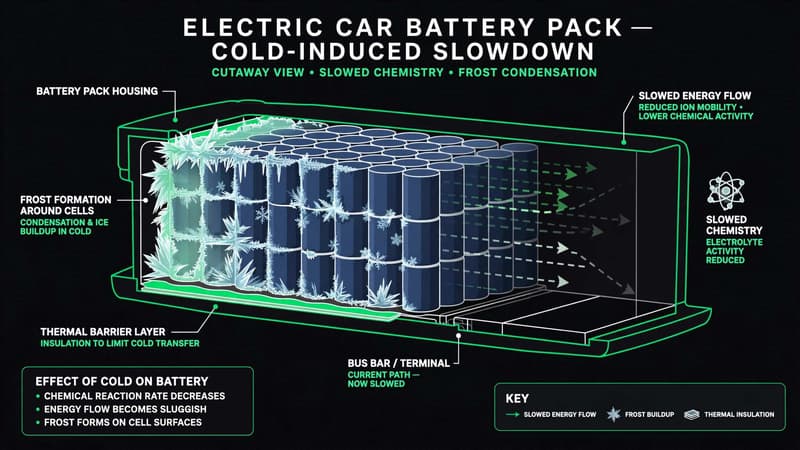 AI illustration of an electric car battery pack with frost forming around the cells, showing slowed chemistry in cold weather