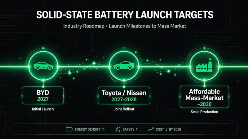 Timeline graphic of solid-state battery launch targets from 2027 halo cars to 2030 mass production