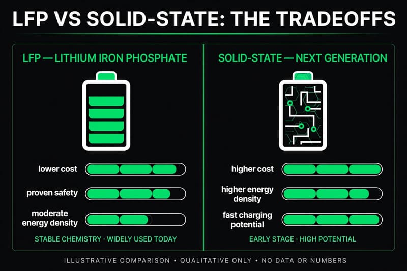 Illustration comparing LFP and solid-state batteries on cost, safety, energy density and charging potential, marked qualitative only