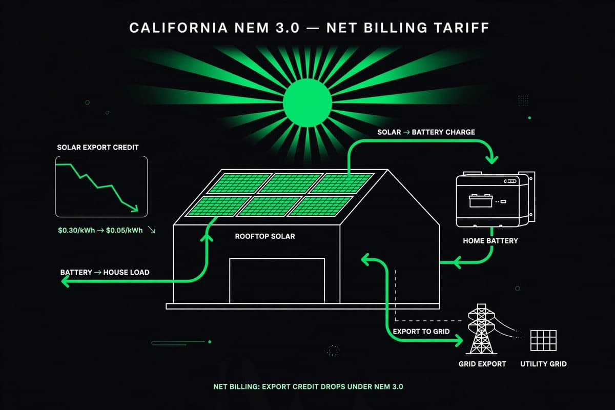 Illustration of a California home with rooftop solar and a home battery under NEM 3.0 net billing