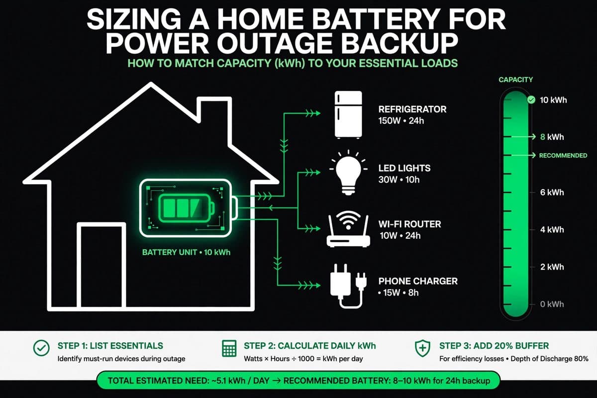 Illustration of home battery sizing for power outage backup with essential load icons