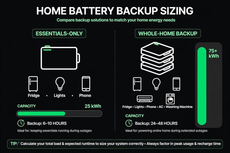 Illustration comparing essentials-only and whole-home battery backup setups