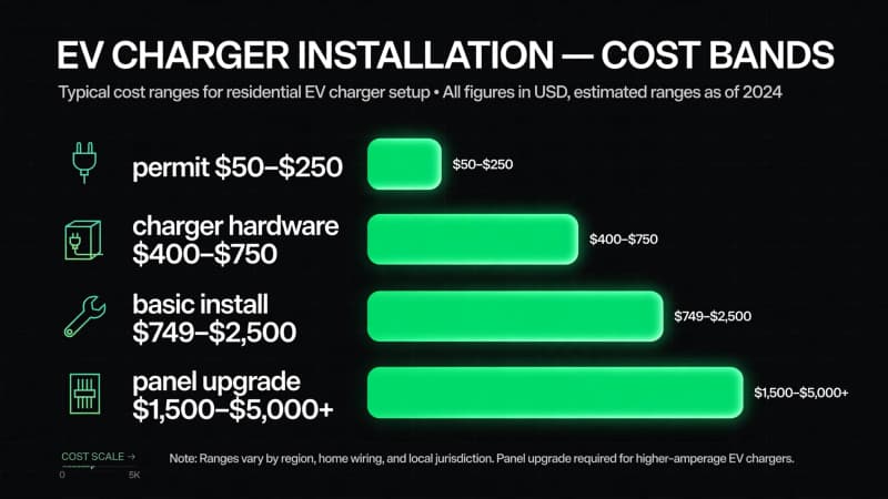 Bar chart infographic of Level 2 EV charger installation cost bands: permit $50–$250, charger hardware $400–$750, basic install $749–$2,500, panel upgrade $1,500–$5,000+