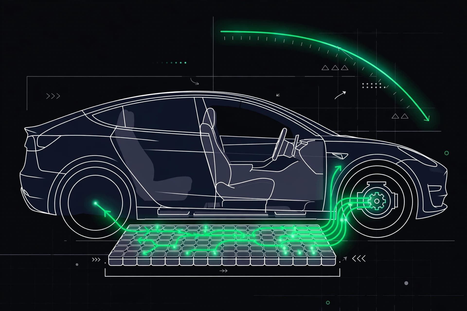 Cutaway illustration of an electric car showing its under-floor battery pack with glowing green energy-flow lines