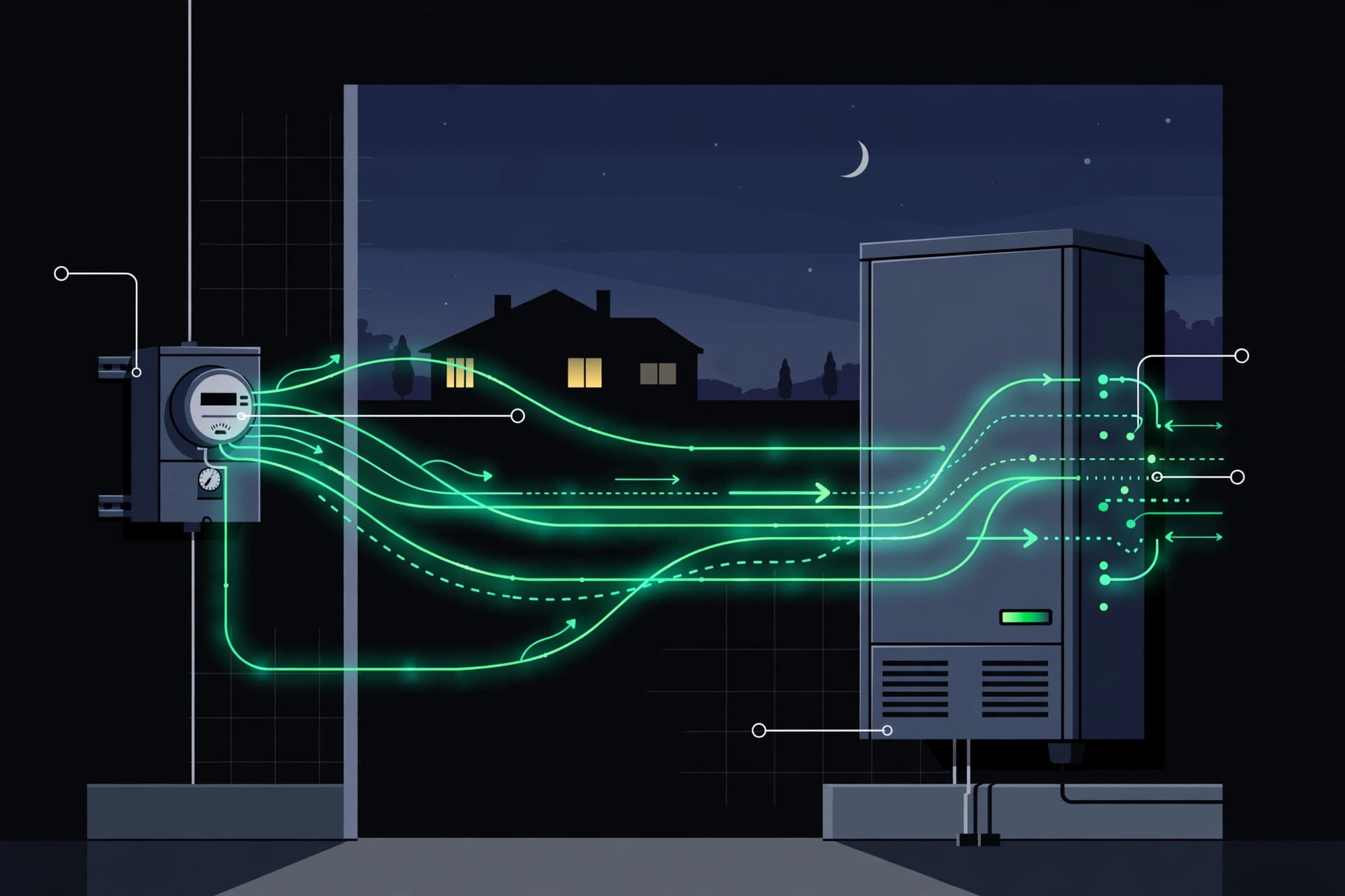 Dark-themed illustration of a home battery storage unit charging from the grid overnight, with glowing green energy-flow lines showing power shifted from cheap off-peak hours to expensive peak hours
