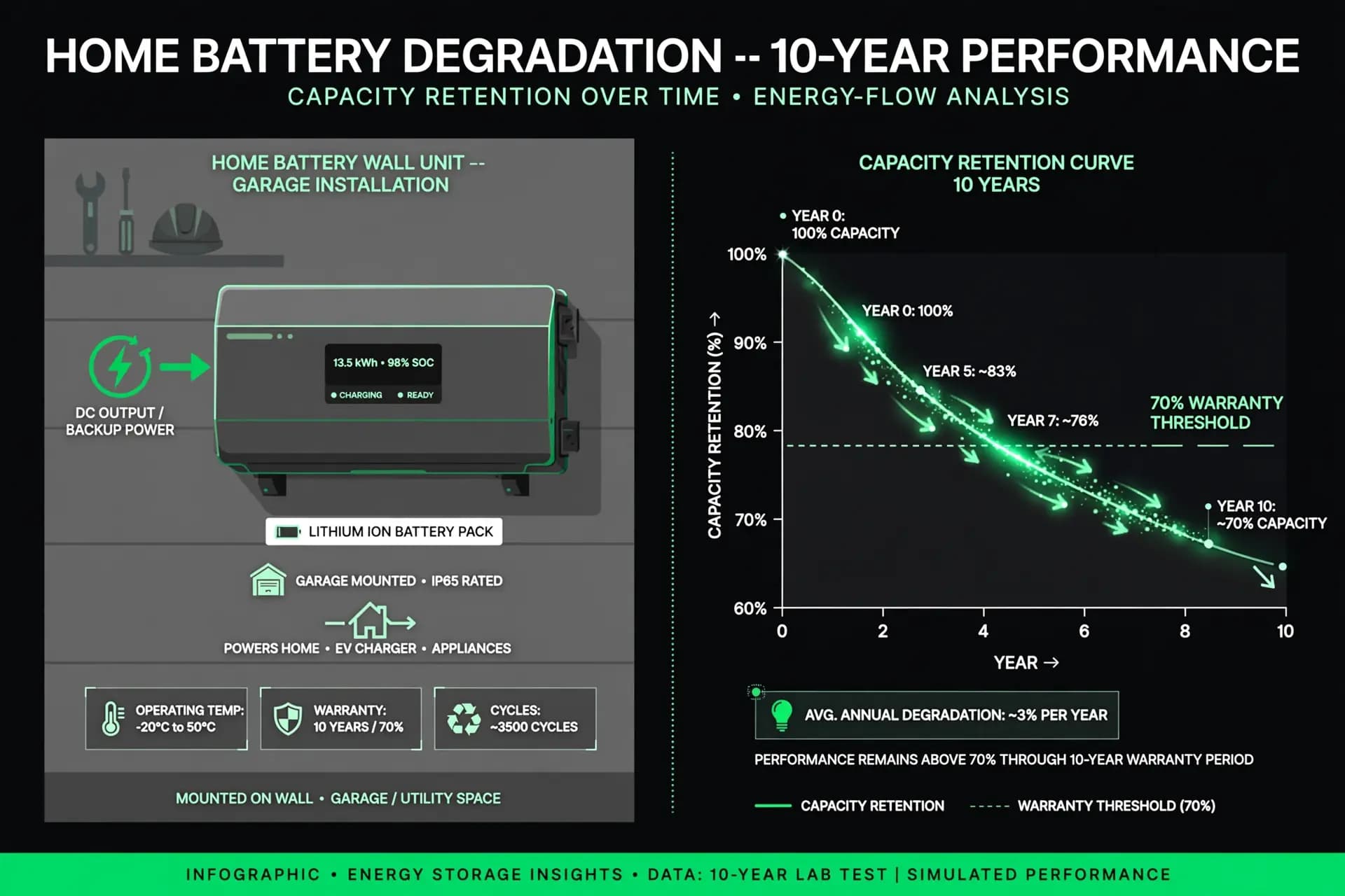 Illustration of a home battery wall unit beside a 10-year capacity degradation curve with the 70% warranty threshold line
