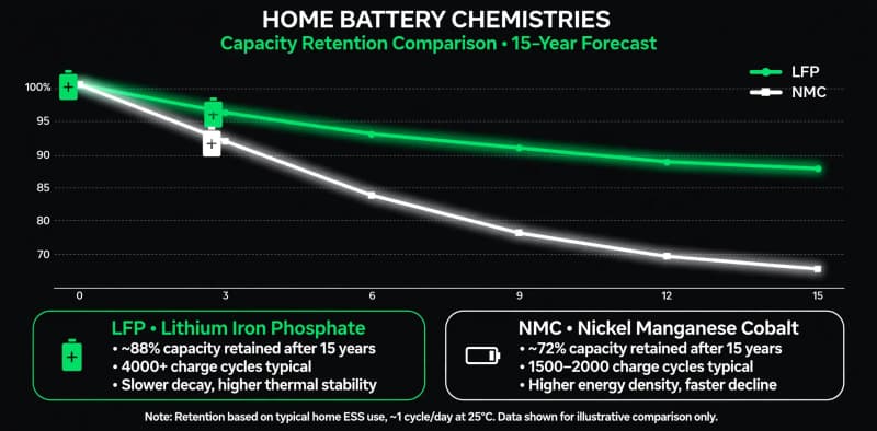 Infographic comparing LFP and NMC home battery capacity retention curves over 15 years