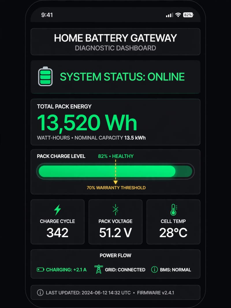 Illustration of a smartphone showing a battery gateway diagnostic readout with a 70% warranty threshold gauge
