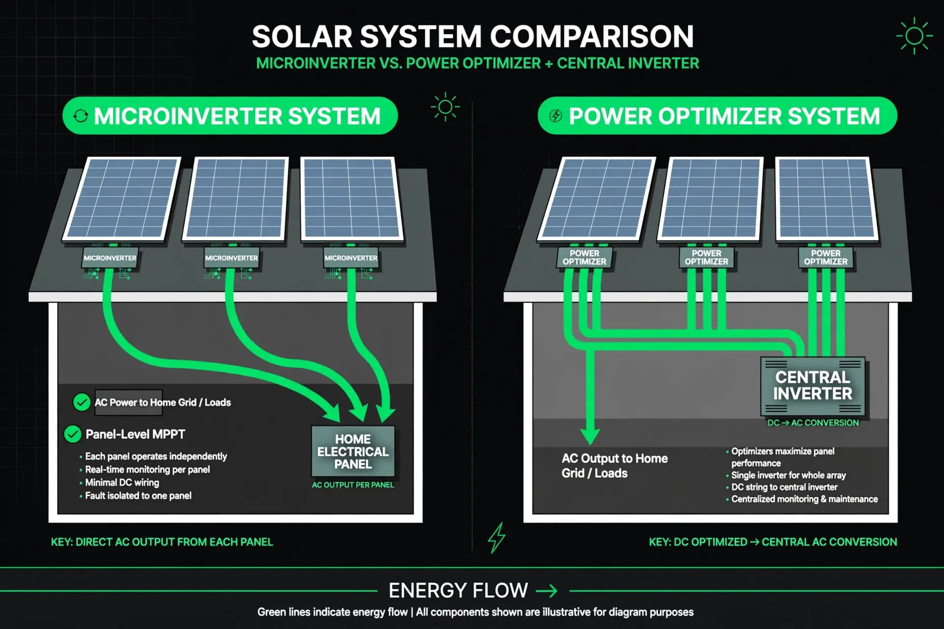 Split-view illustration comparing a rooftop solar array with microinverters versus power optimizers with a central inverter