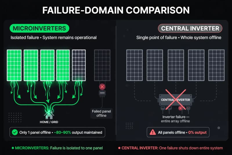 Diagram comparing failure domains: one failed microinverter versus a failed central inverter shutting down the whole array