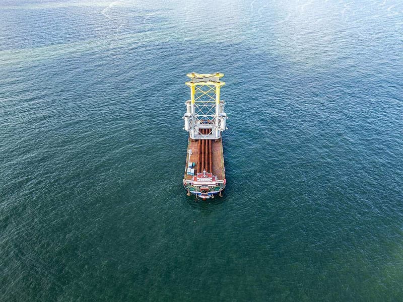 Offshore wind turbine installation vessel at work at sea