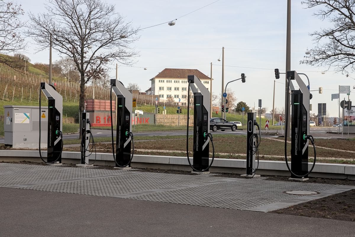 A row of electric-vehicle fast-charging stations in Stuttgart, Germany.