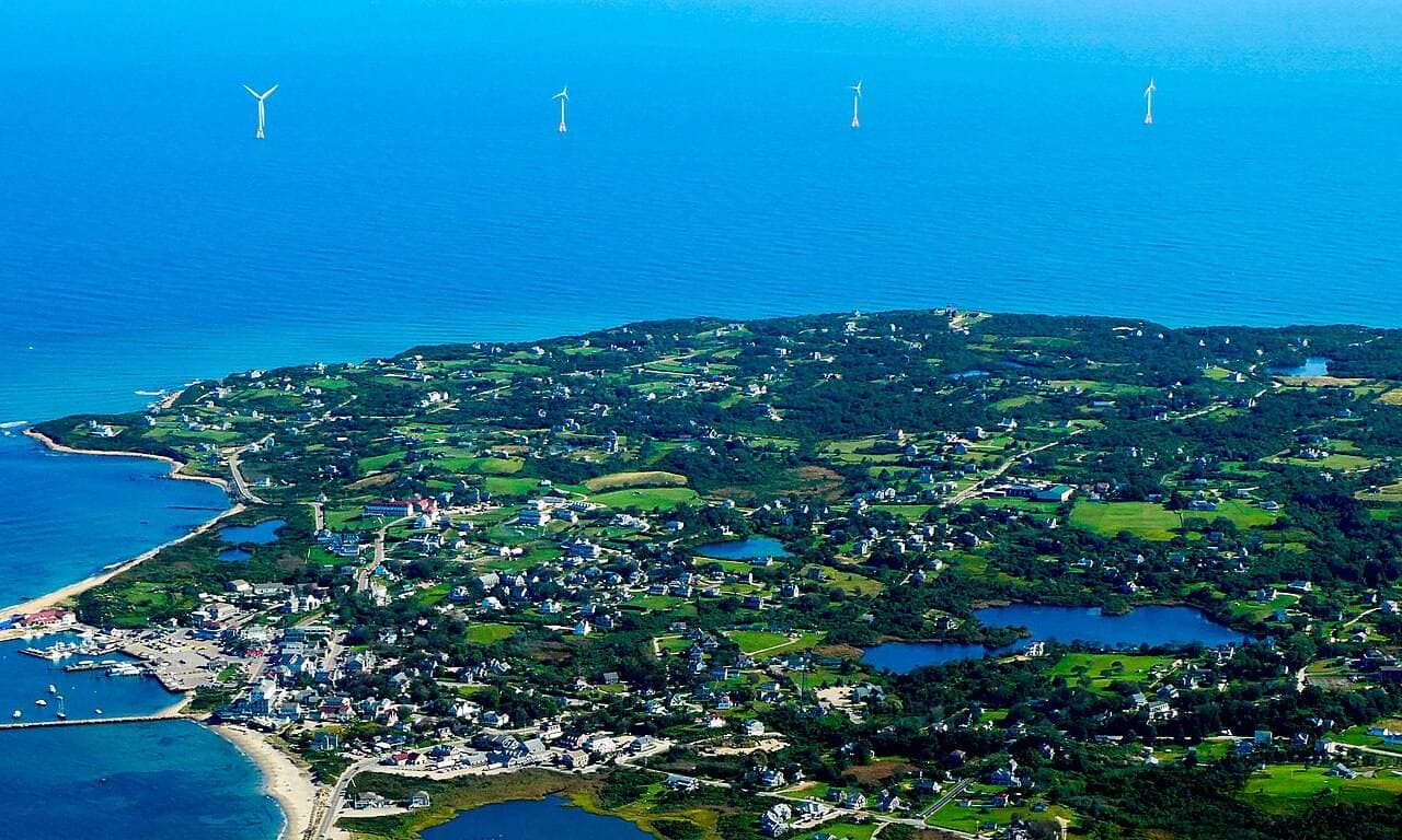 Offshore wind turbines operating at sea, seen from the air