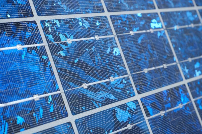 Close-up of blue polycrystalline solar photovoltaic cells.