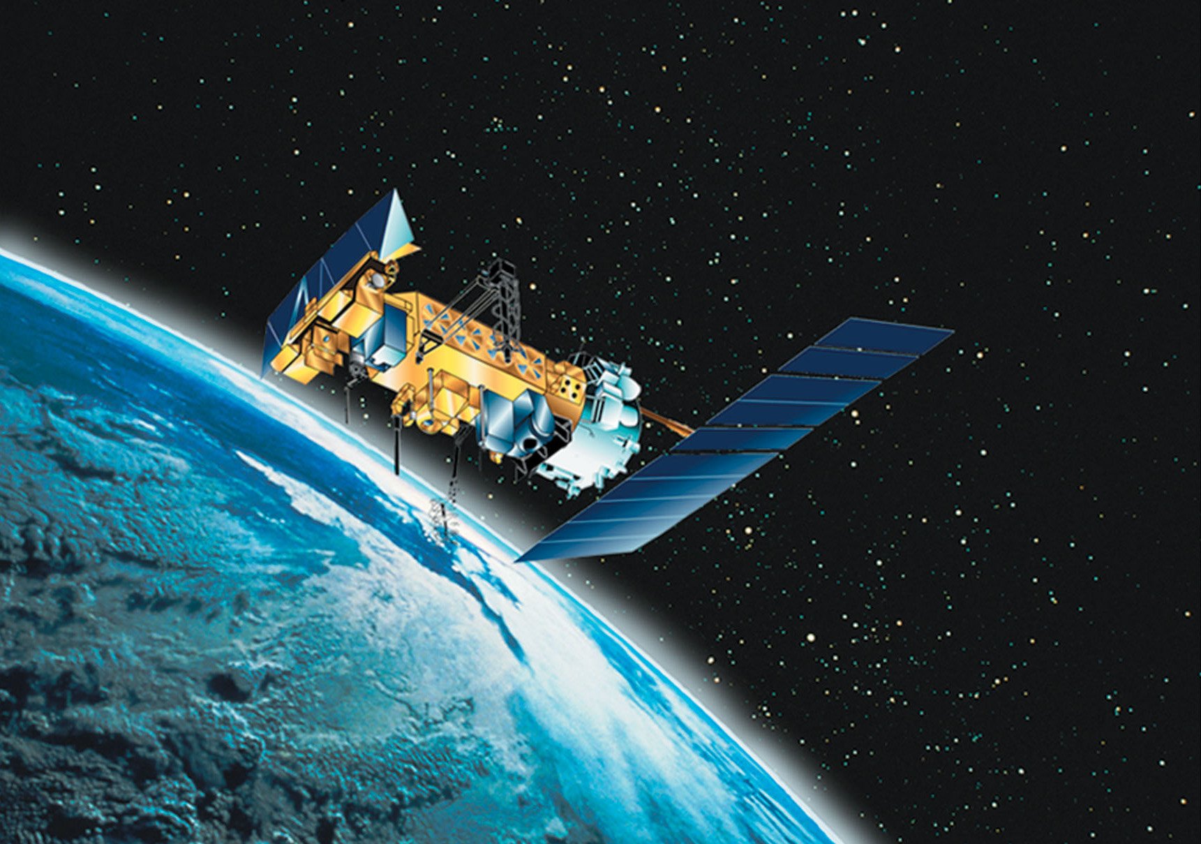 Illustration of a NOAA weather satellite with its solar panel array deployed above Earth (illustrative image; not the Virtus Solis spacecraft)