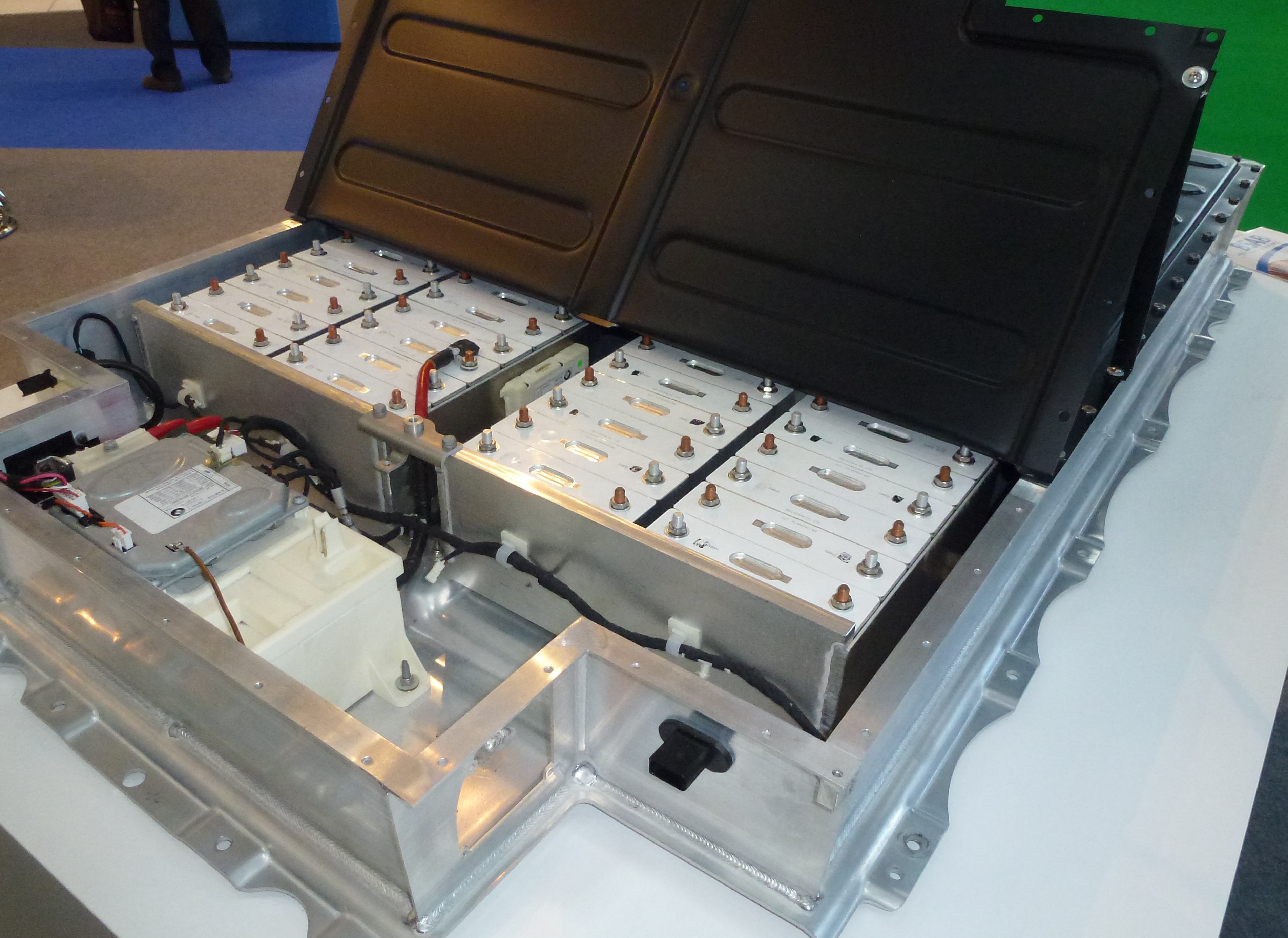 A lithium-ion battery pack for a BMW i3 electric vehicle on display at a Munich trade show (illustrative photo)